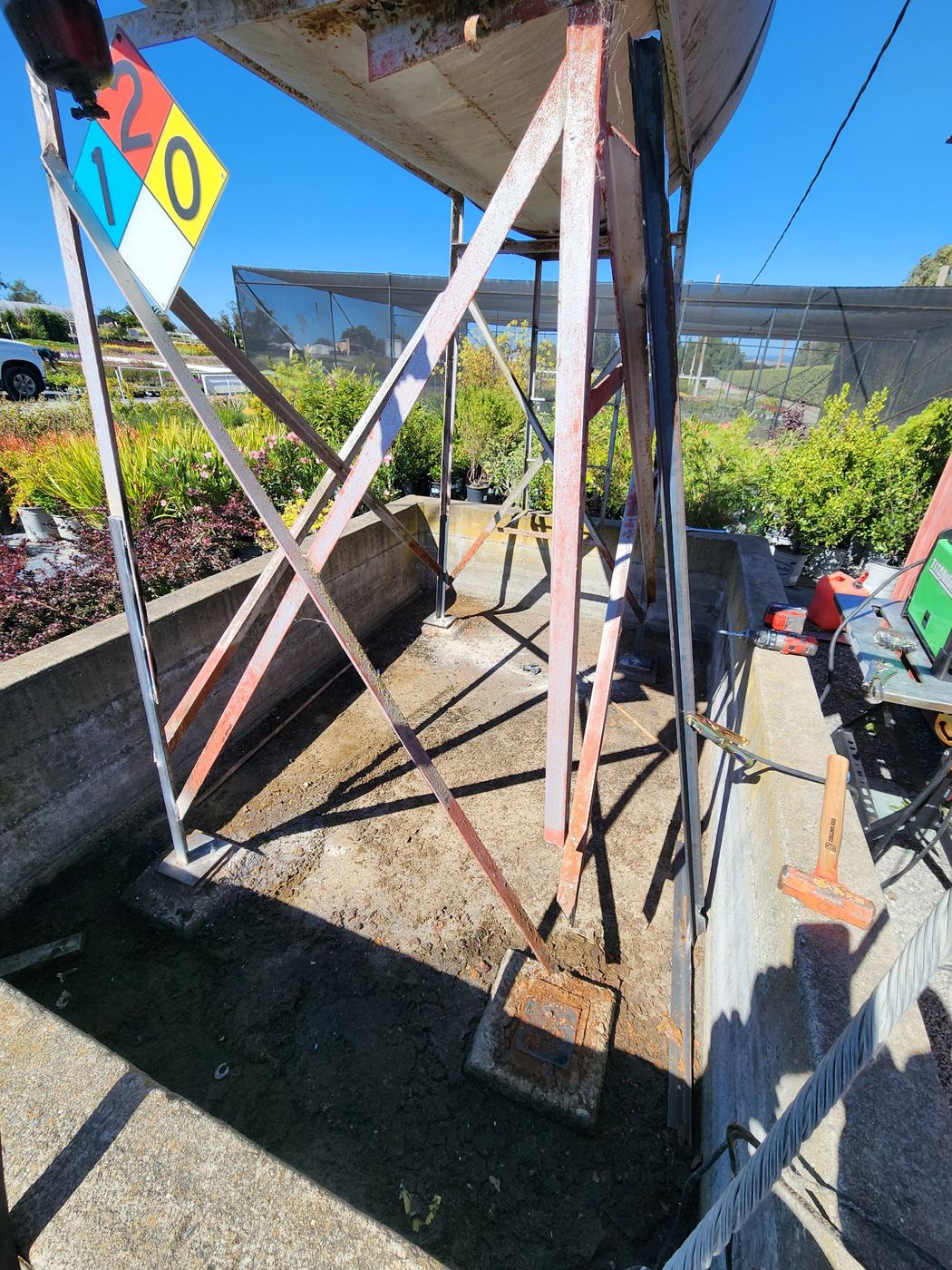 Fully repaired diesel tank stand with new welded corner posts, Sonoma County