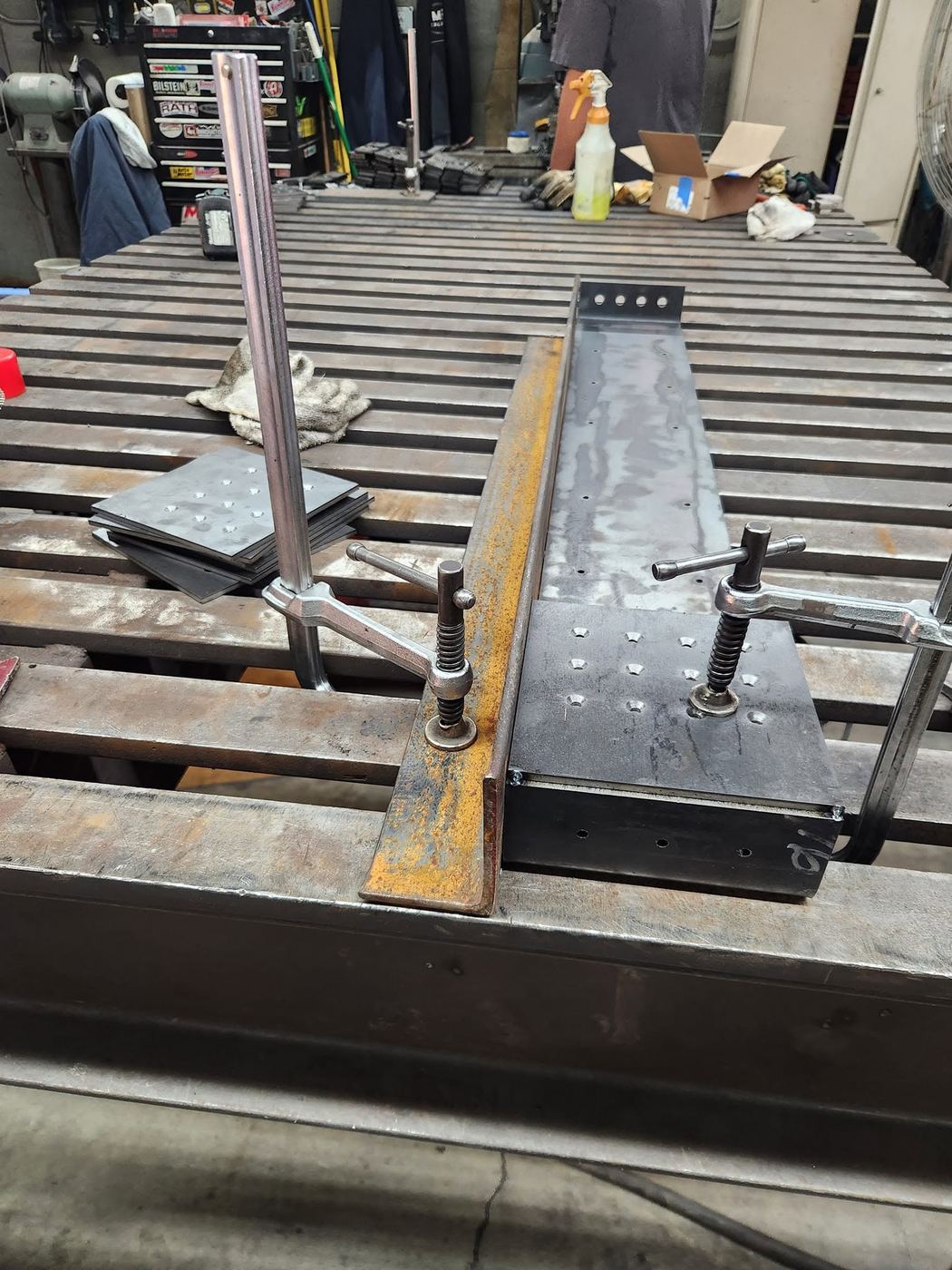 Angle iron and base plate fit-up before welding